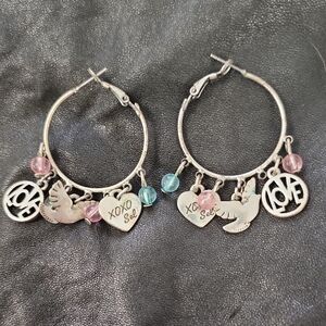 Silver Charm Hoop Earrings with Pink and Blue Accents